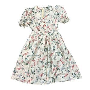 Handmade Vintage Midi Dress Floral Puff Sleeve 8 White Green Pink Ruffle Cottage